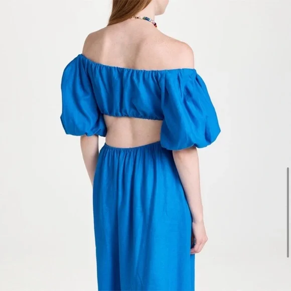 FARM Rio Blue Off-Shoulder Linen Midi Knot Dress Cutout Size L NWT - Picture 4 of 11
